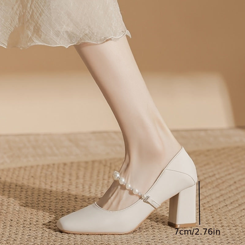 Women'S Square Toe Block Heel Pumps with Faux Pearl Ankle Strap - Elegant Black Synthetic Cover Dress Shoes, Comfortable Rubber Sole for Office & Formal Events, Versatile High Heel Design, Office Footwear, Polka Dot Pattern, Durable Footwear