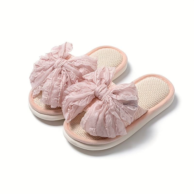 Linen Slip-On Slippers Comfortable Linen Women's Slip-On Slippers | Non-Slip Thick Sole, Bow Detail