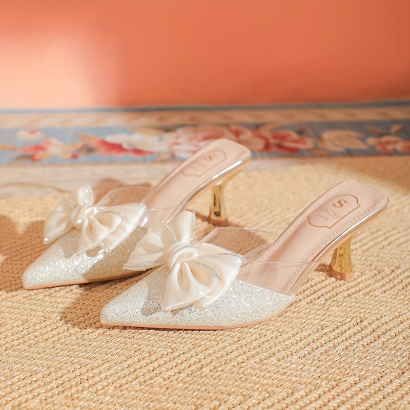 Elegant French-Inspired Pointed-Toe Mules with Bow Detail & Rhinestones - High Heel, Pointed Toe, Fabric Upper, Rubber Sole, Pointed Toe Mules