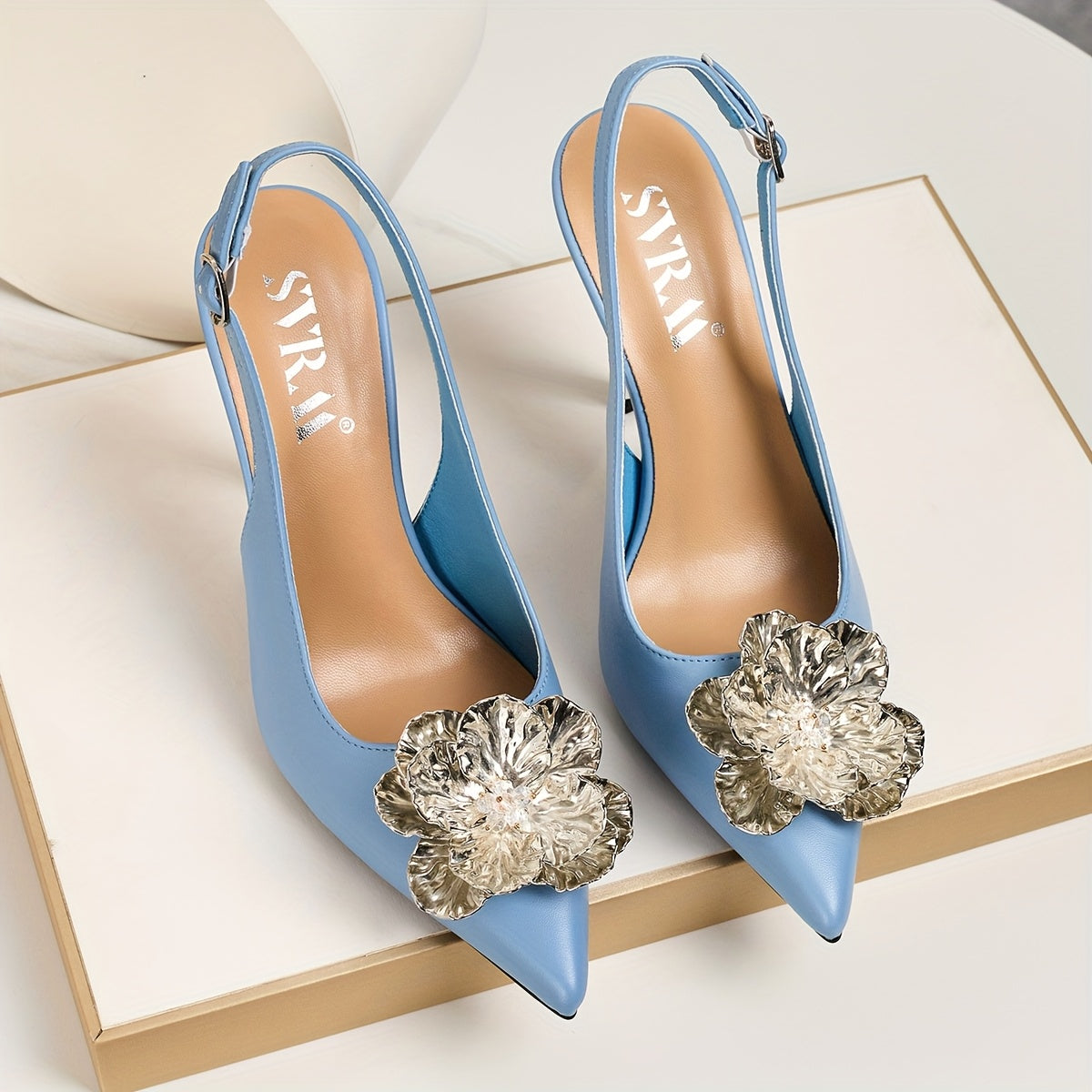 Summer New Women's Fashion Pointed-Toe Stiletto Heels with Flower Decoration, Adjustable Strap Backless High Heels for Party Dinner Wedding Occasions Versatile Elegance