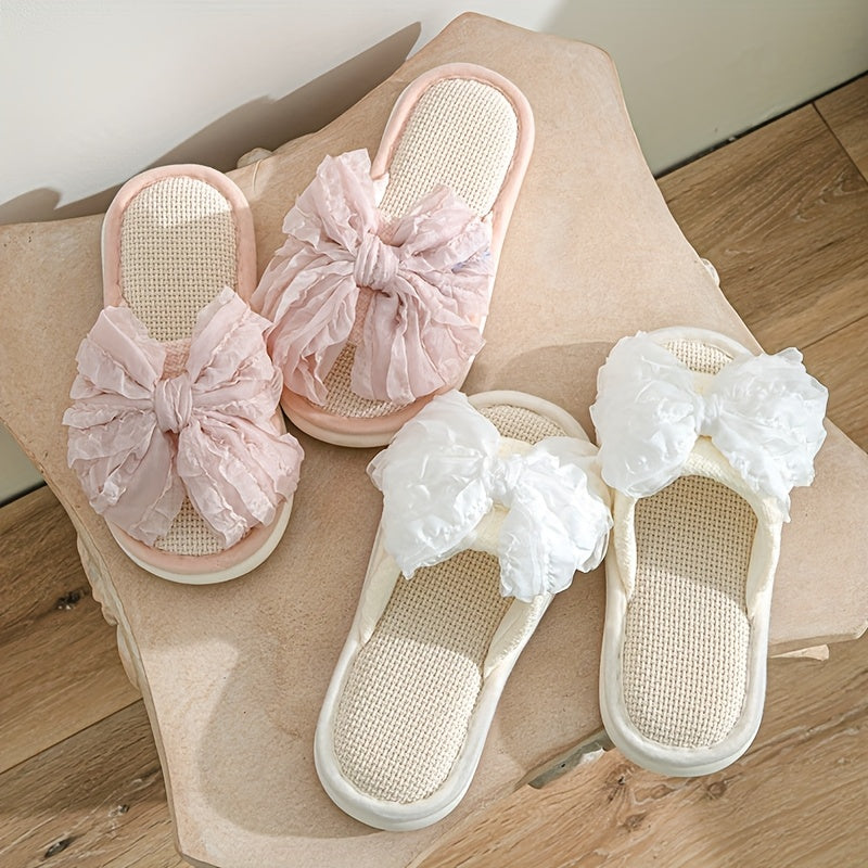 Linen Slip-On Slippers Comfortable Linen Women's Slip-On Slippers | Non-Slip Thick Sole, Bow Detail