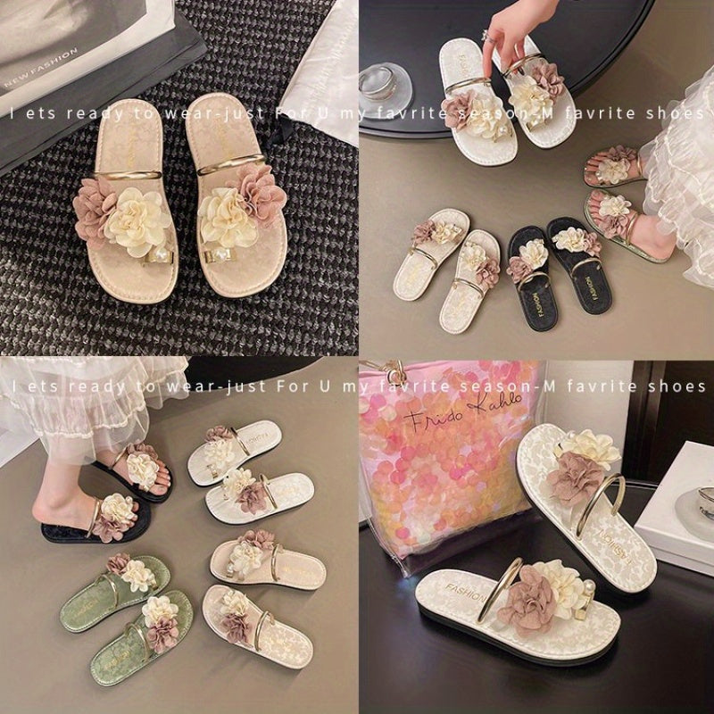 Women's Floral Embellished Slip-On Slippers with Golden Accents - Soft Fabric Upper, Non-Slip Rubber Sole & Cushioned Insole for All-Season Indoor\u002FOutdoor Comfort, Cute Slippers, Indoor Footwear, Elegant Slipon, Durable Comfort