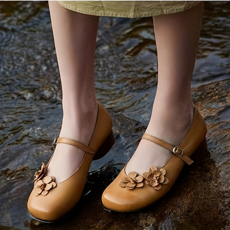 Women's Elegant Synthetic Cover Low Heel Flats with Adjustable Ankle Strap & Floral Embellishment - Round Toe Summer Casual Shoes, Beige, Everyday Comfort Footwear | Durable Traction Footwear