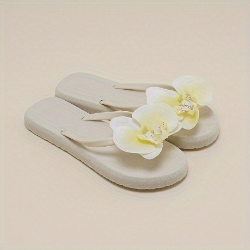 Women's Floral Flip Flops Non-Slip Flat Sole Slip-On Thong Sandals with Orchid Flower Design - Mint Green & White
