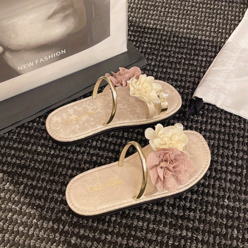Women's Floral Embellished Slip-On Slippers with Golden Accents - Soft Fabric Upper, Non-Slip Rubber Sole & Cushioned Insole for All-Season Indoor\u002FOutdoor Comfort, Cute Slippers, Indoor Footwear, Elegant Slipon, Durable Comfort