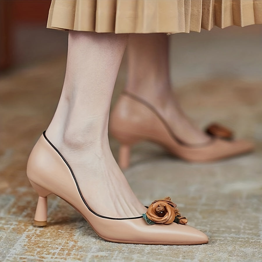 Floral Stiletto Pumps Elegant Women's Pointed-Toe Stiletto Pumps with Floral Accents | Mid-Height Heels, Faux Cover Upper & Rubber Sole | Fall Fashion Shoes in Beige & Brown