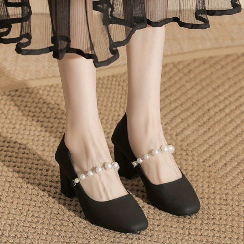 Women'S Square Toe Block Heel Pumps with Faux Pearl Ankle Strap - Elegant Black Synthetic Cover Dress Shoes, Comfortable Rubber Sole for Office & Formal Events, Versatile High Heel Design, Office Footwear, Polka Dot Pattern, Durable Footwear