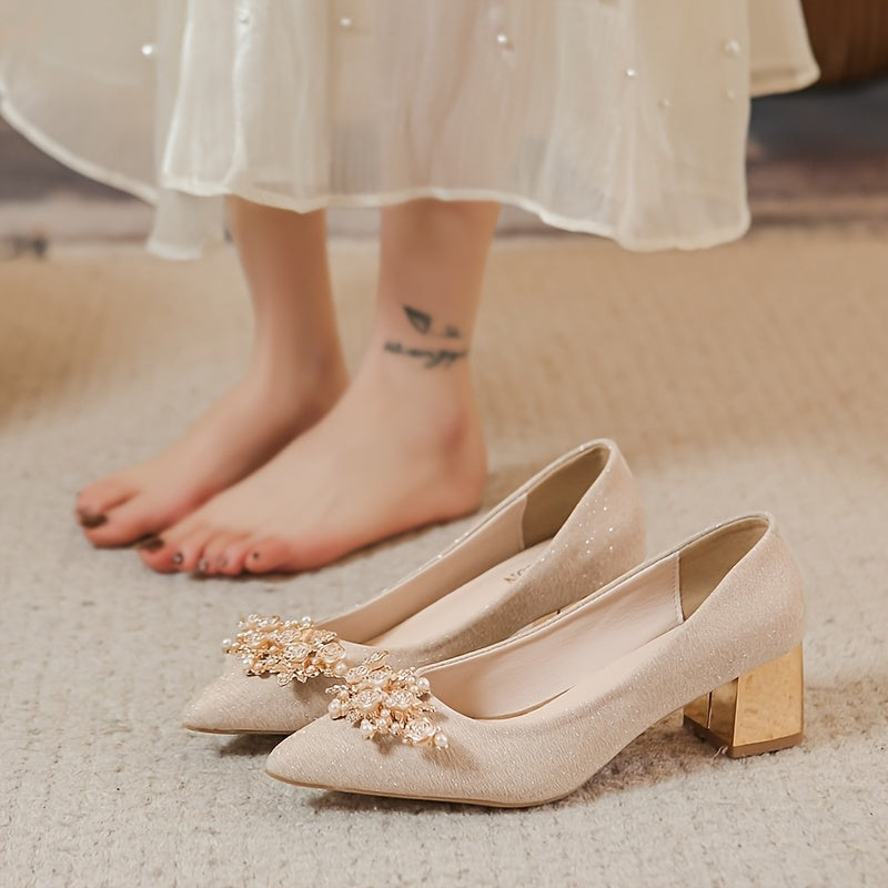 Women'S Elegant Golden-Tone High Heel Pumps with Floral Rhinestone Embellishments - Perfect for Formal Events, Weddings, and Formal Occasions, Formal Footwear | Floral Embellishments | Rubber Sol