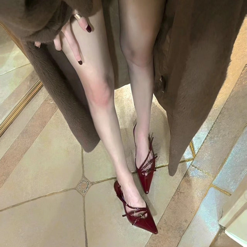 7cm Summer High Heels 7cm High Heels, Women's Sexy Black Pointed One-line Buckle Skinny Heel Shoes