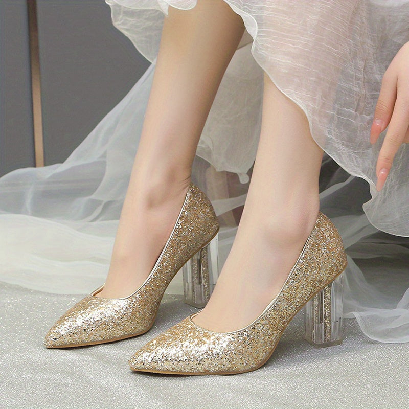 Women'S Rhinestone-Embellished Pointed-Toe High Heel Pumps - Glossy Synthetic Cover, Chunky Heel, All-Season Elegant Dress Shoes for Parties & Formal Events, High Heel Shoes, Party Footwear, Glamorous Shoe Design, Durable Grip Footwear