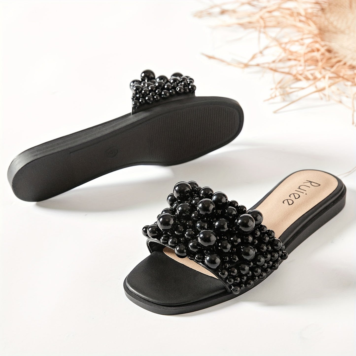 Women's -Embellished Flat Slides Sandals - Slip-On Open-Toe Summer Dressy Casual Shoes with PU Cover & TPR Sole, Comfortable White Footwear for Prom, Beach, Parties