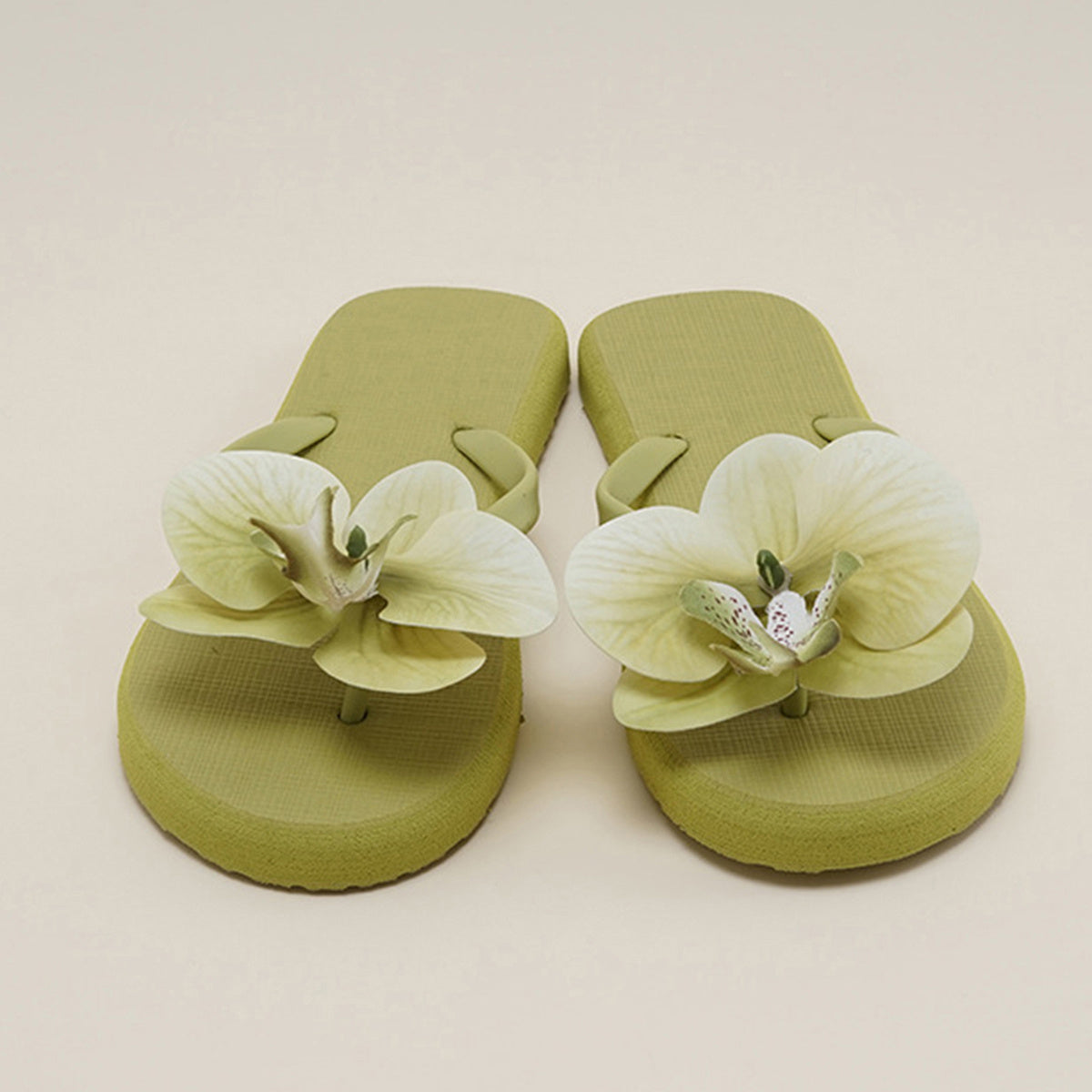 Women's Floral Flip Flops Non-Slip Flat Sole Slip-On Thong Sandals with Orchid Flower Design - Mint Green & White