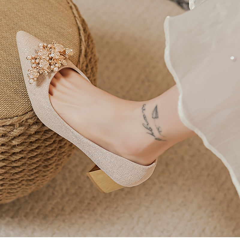 Women'S Elegant Golden-Tone High Heel Pumps with Floral Rhinestone Embellishments - Perfect for Formal Events, Weddings, and Formal Occasions, Formal Footwear | Floral Embellishments | Rubber Sol