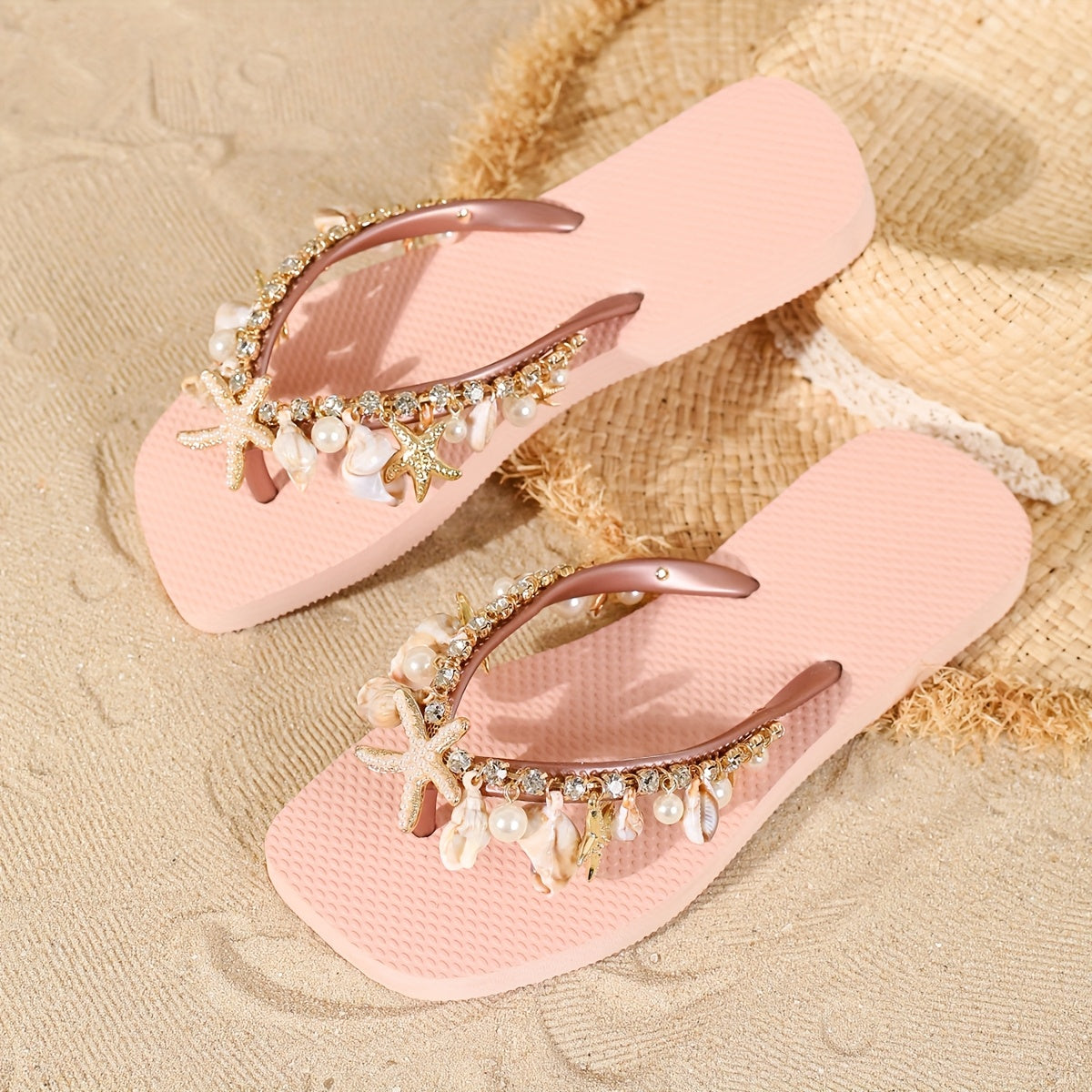 Handmade Beaded Shell Starfish Rhinestone Decorated Chain Summer Women's Beach Slippers with Soft Sole, Anti-Slip Detachable Design for Seaside Vacation Fairy Style