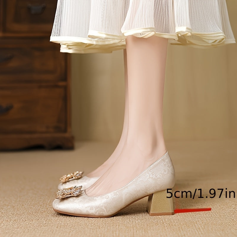 Huizhou-New Style Chinese National Style Fabric Chunky Heel Square Rhinestone Buckle Fashion Women's High Heels Versatile Wedding, Evening Gentle Shoes