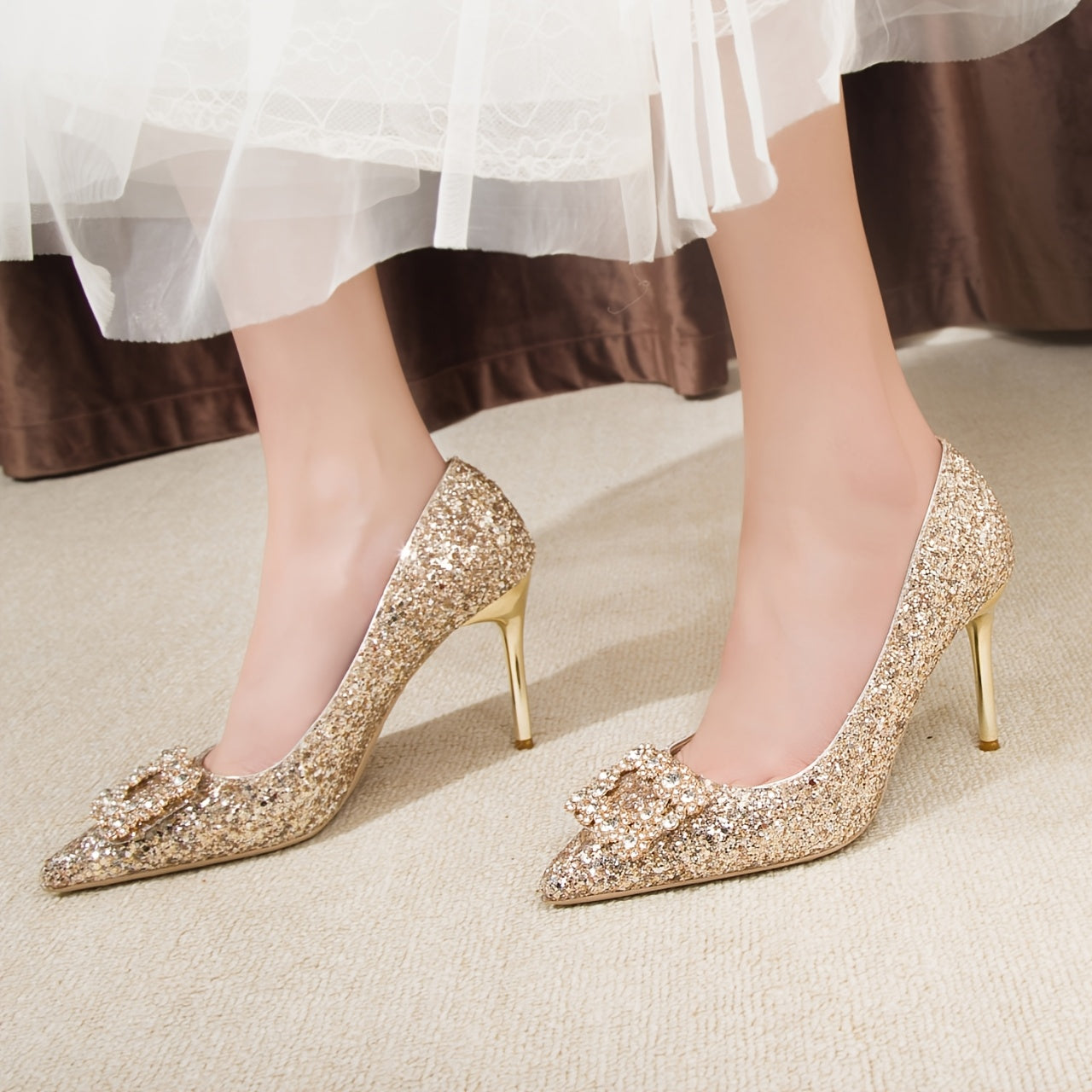 1 Pair of Women's French Gilette Champagne High Heel Bridal Shoes with Golden Glitter Sequins, Comfortable for Both Wedding Dress and Main Wear