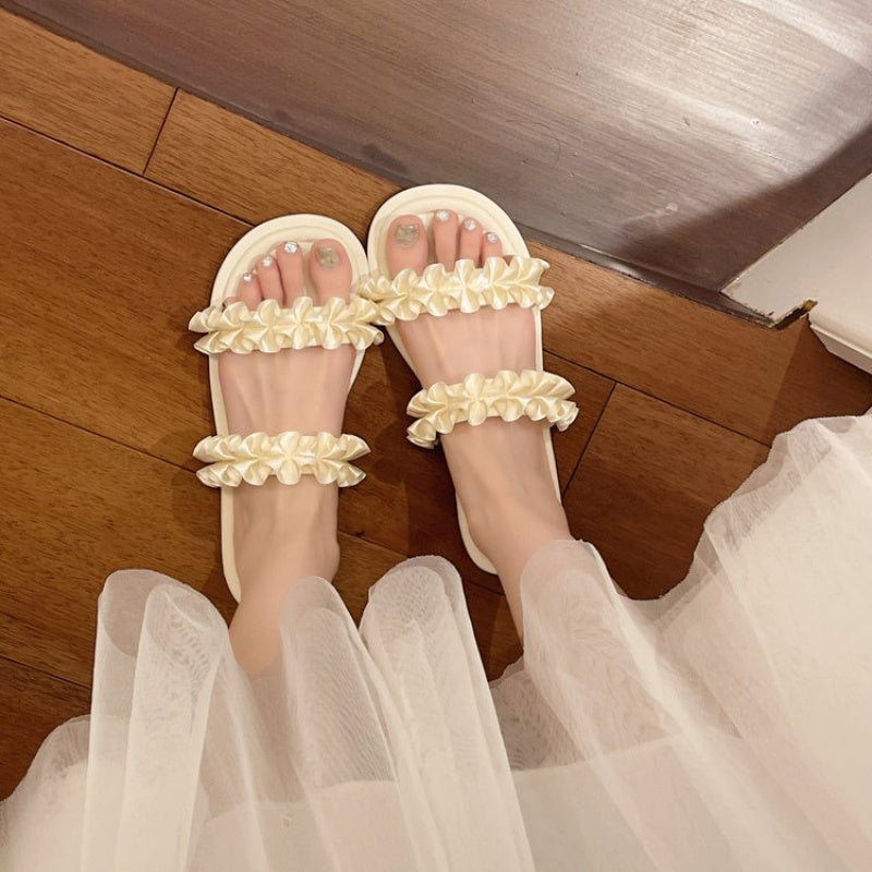 Women'S Summer Sandals - Elegant White Floral Design, Flat, Open-Toe, Synthetic, Rubber Sole