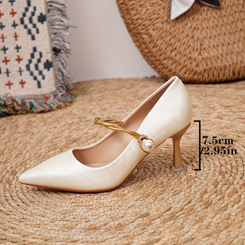 Women'S Elegant Pointed-Toe Stiletto Heels with Floral Embellishments - White Synthetic Cover High Heels for All Seasons, Versatile Dress Shoes for Office & Formal Events, High Heel Shoes, Formal Footwear, Sophisticated Style, Durable Rubber Sole