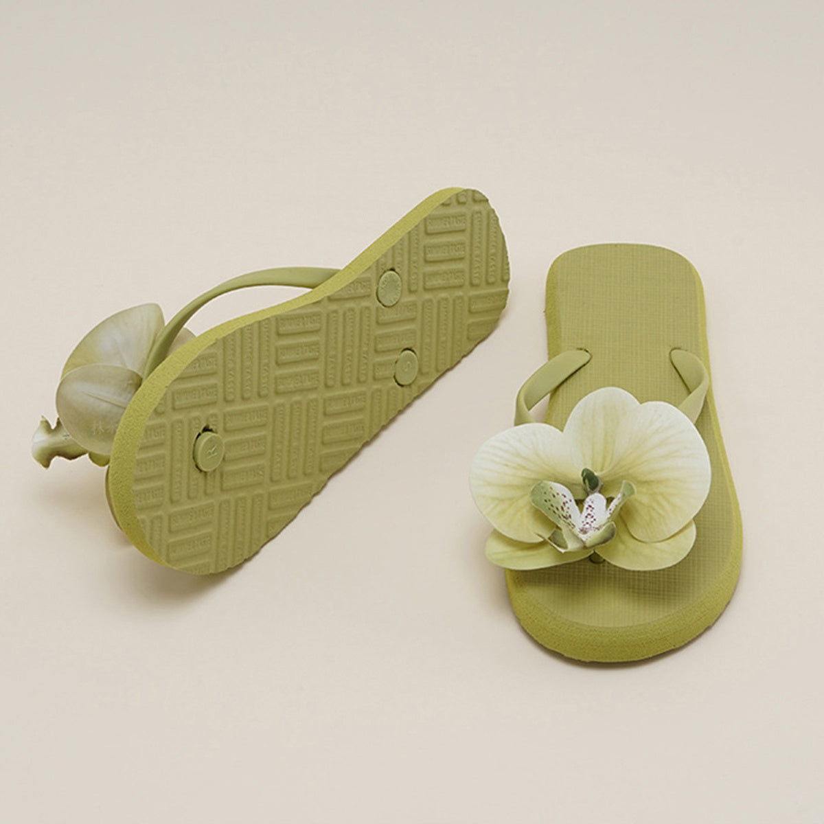 Women's Floral Flip Flops Non-Slip Flat Sole Slip-On Thong Sandals with Orchid Flower Design - Mint Green & White