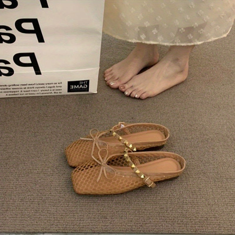 Women's Summer Square Toe Flat Sandals with Bow Detail - Breathable Mesh Upper & Non-Slip Rubber Sole, Comfortable Low Heel (Less Than 1.18inch) for Casual & Semi-Formal Outfits, Ladies Shoes And Sandals, Daily Wear Footwear, Elegant Shoe Design