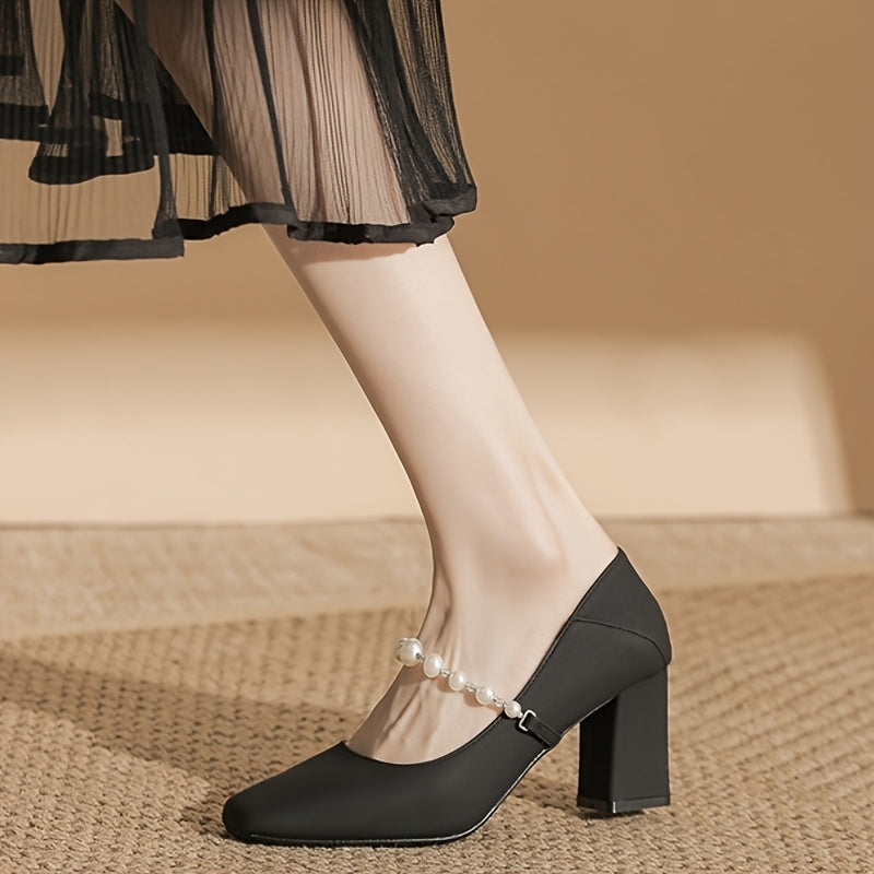 Women'S Square Toe Block Heel Pumps with Faux Pearl Ankle Strap - Elegant Black Synthetic Cover Dress Shoes, Comfortable Rubber Sole for Office & Formal Events, Versatile High Heel Design, Office Footwear, Polka Dot Pattern, Durable Footwear