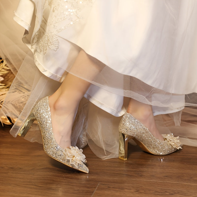 Women'S Summer Versatile High Heels, Fashionable Shiny Glitter Single Shoes, Wedding Shoes