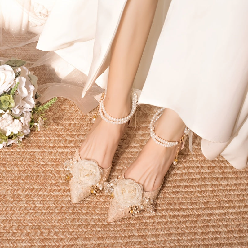 2024 Spring And Autumn New Style Thin High Heels with Flowers And Bow One-Word Buckle for Outdoor Wear