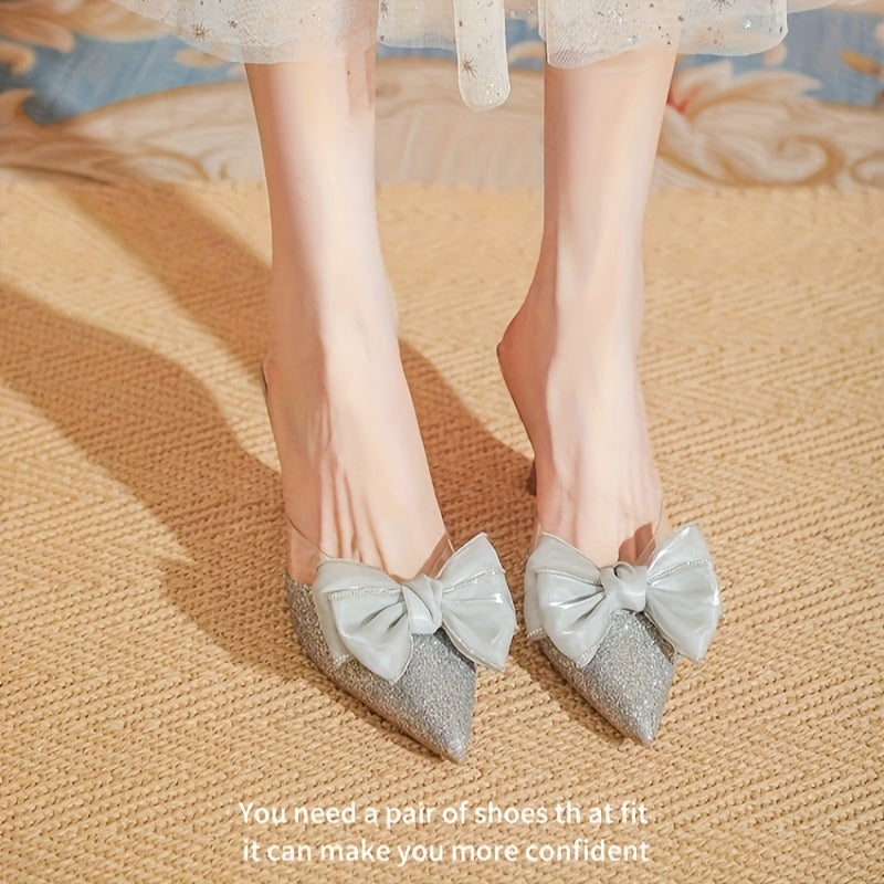Elegant French-Inspired Pointed-Toe Mules with Bow Detail & Rhinestones - High Heel, Pointed Toe, Fabric Upper, Rubber Sole, Pointed Toe Mules