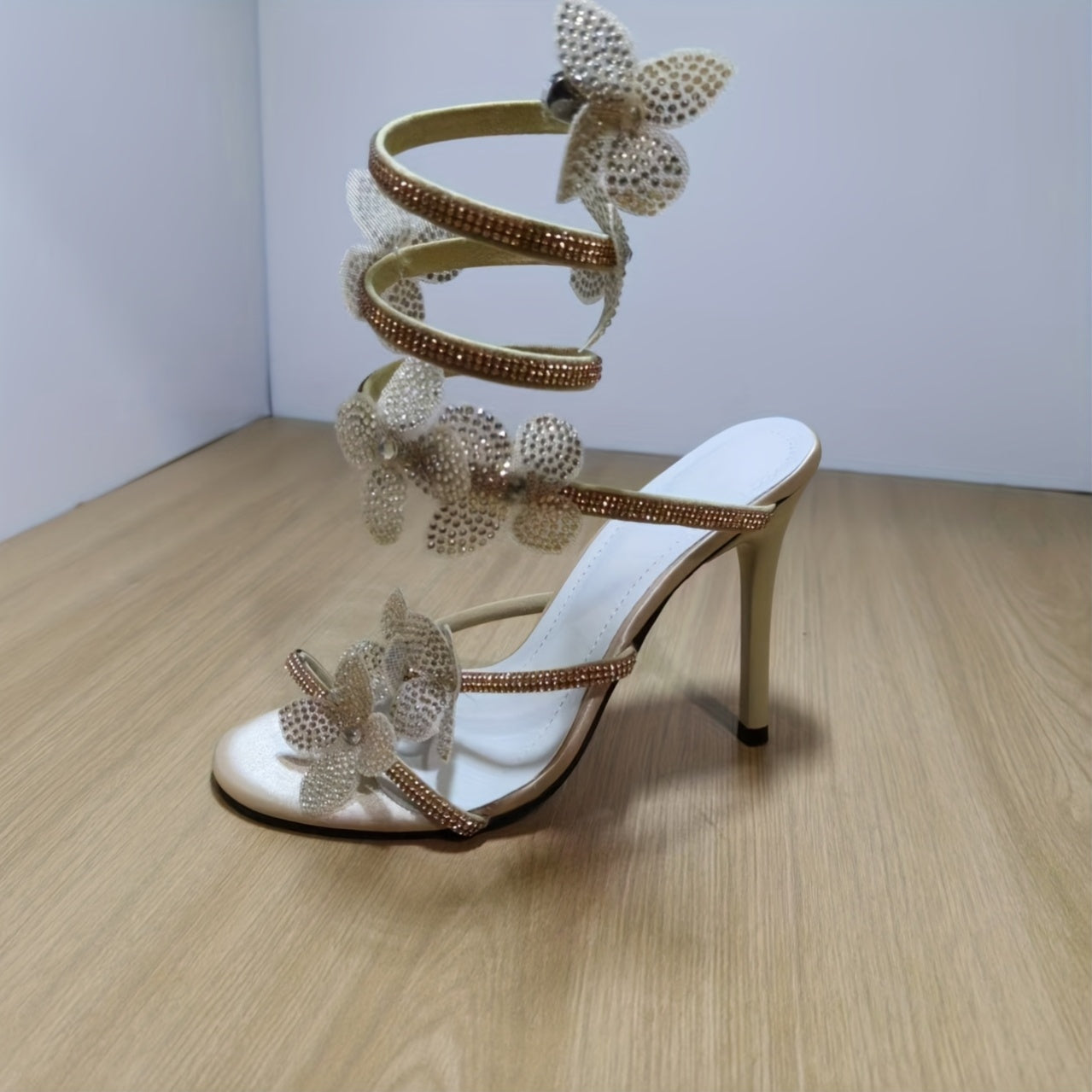Women'S Rhinestone-Embellished Floral High Heel Shoes - Open-Toe Stiletto Pumps with Ankle Strap, Synthetic Cover & Rubber Sole for All-Season Formal & Party Wear, High Heel Shoes, Party Footwear, Elegant Footwear, Durable Footwear