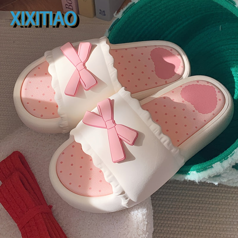 Thin Strap Fairy-Style Bowknot Slide Sandals with Thick Soles, Versatile for Summer, Popular for Home And Outdoor Wear for Women.