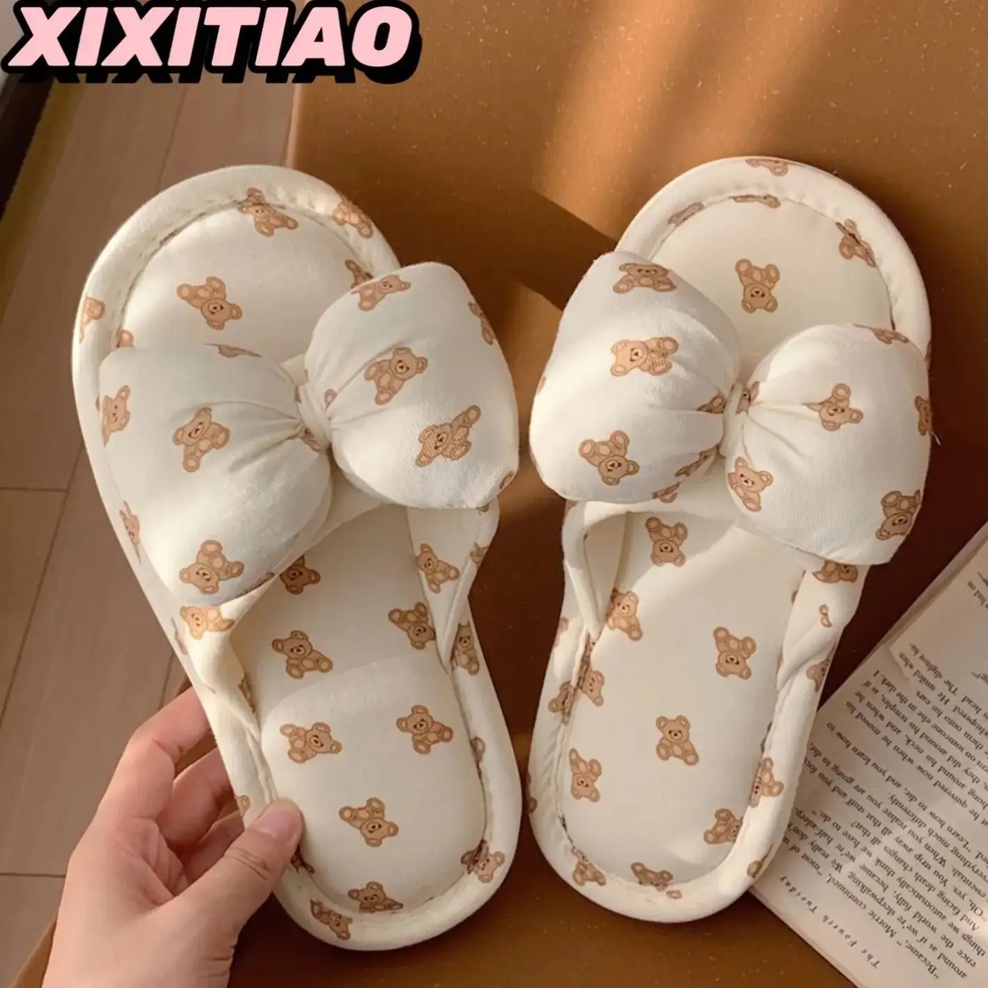 Xixia Women'S Adorable Bear And Bow Design Slip-On Footwear - Soft Fabric Upper And Lining