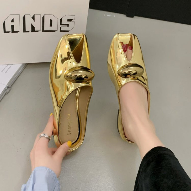 Women's PU Square Heel Closed Toe Slip-On Slippers - Low Heel (0.39-1.18inch) with Golden Buckle Detail, Red & Golden Color Block Design, Breathable Synthetic Cover & Rubber Sole for Summer Comfort, Dressy Slipons, Chic Slippers, Rubber Sole Footwear