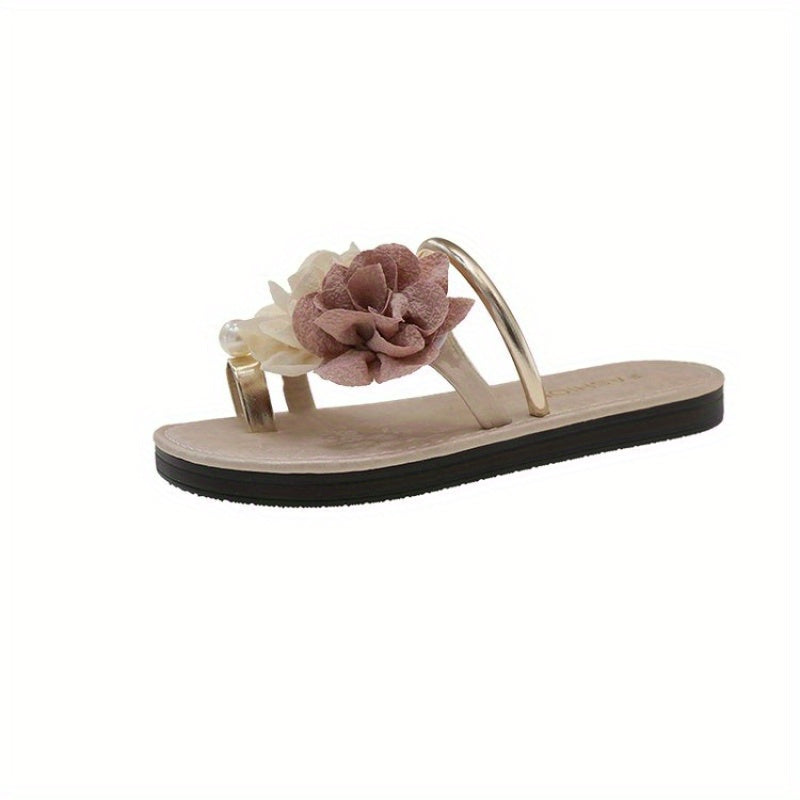 Women's Floral Embellished Slip-On Slippers with Golden Accents - Soft Fabric Upper, Non-Slip Rubber Sole & Cushioned Insole for All-Season Indoor\u002FOutdoor Comfort, Cute Slippers, Indoor Footwear, Elegant Slipon, Durable Comfort