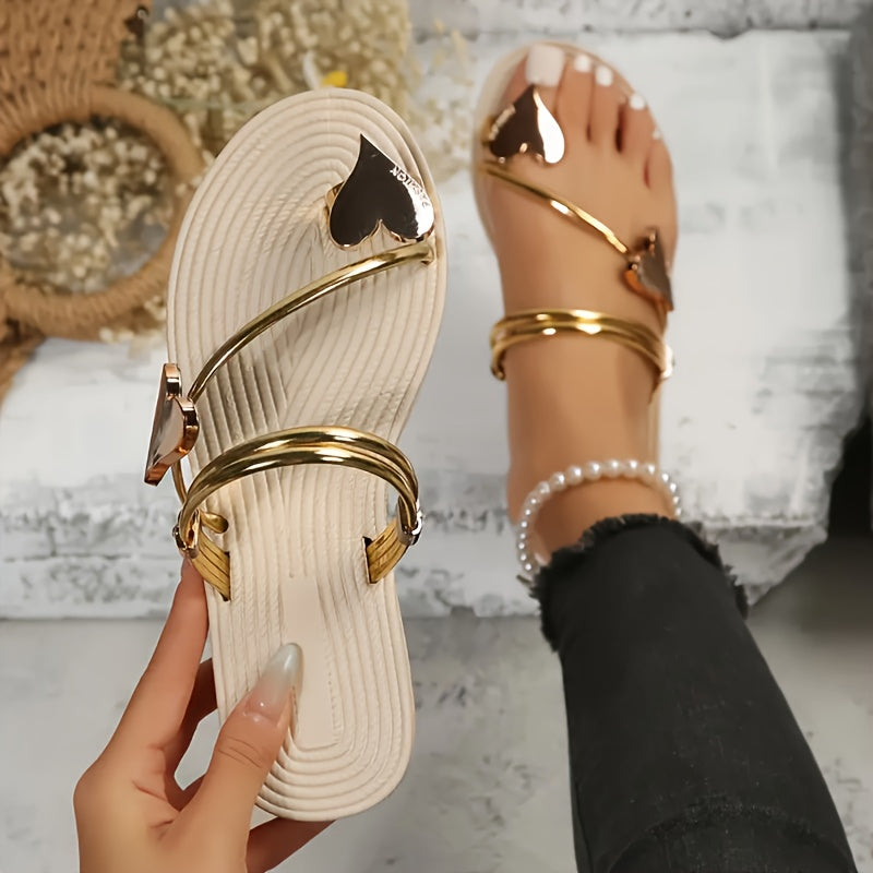 Women's Elegant Heart Design Slip-On Flat Sandals - Open-Toe Summer Shoes with Metallic Accents, Synthetic Cover & Rubber Sole for Casual or Dressy Outfits, Beach Wear, Durable Comfort Footwear