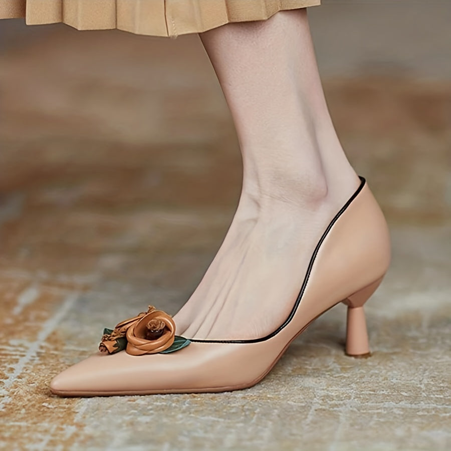 Floral Stiletto Pumps Elegant Women's Pointed-Toe Stiletto Pumps with Floral Accents | Mid-Height Heels, Faux Cover Upper & Rubber Sole | Fall Fashion Shoes in Beige & Brown