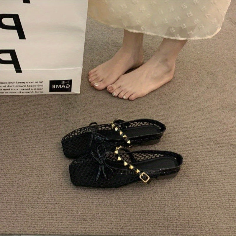 Women's Summer Square Toe Flat Sandals with Bow Detail - Breathable Mesh Upper & Non-Slip Rubber Sole, Comfortable Low Heel (Less Than 1.18inch) for Casual & Semi-Formal Outfits, Ladies Shoes And Sandals, Daily Wear Footwear, Elegant Shoe Design