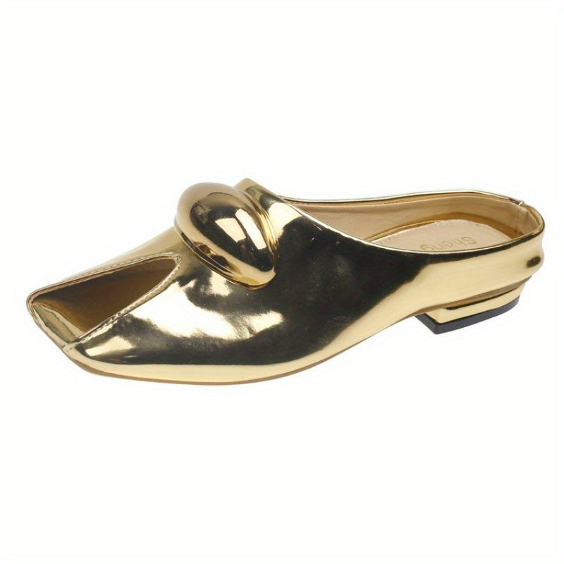 Women's PU Square Heel Closed Toe Slip-On Slippers - Low Heel (0.39-1.18inch) with Golden Buckle Detail, Red & Golden Color Block Design, Breathable Synthetic Cover & Rubber Sole for Summer Comfort, Dressy Slipons, Chic Slippers, Rubber Sole Footwear