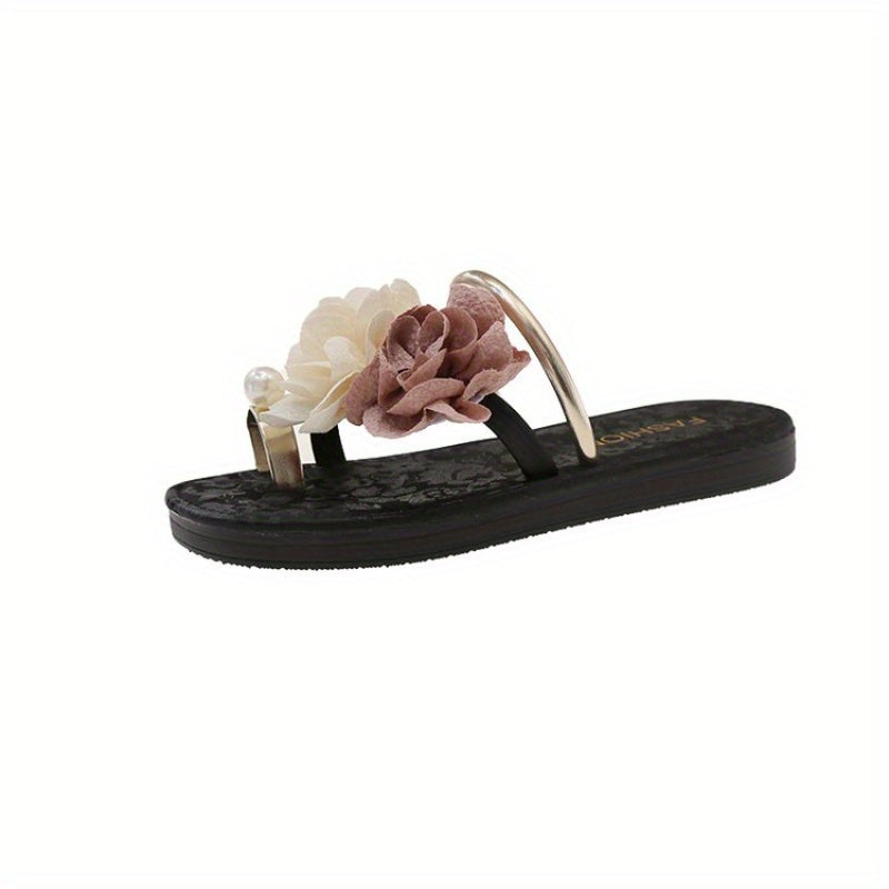Women's Floral Embellished Slip-On Slippers with Golden Accents - Soft Fabric Upper, Non-Slip Rubber Sole & Cushioned Insole for All-Season Indoor\u002FOutdoor Comfort, Cute Slippers, Indoor Footwear, Elegant Slipon, Durable Comfort