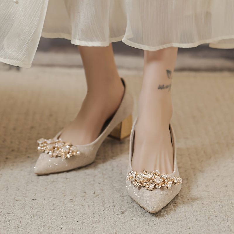 Women'S Elegant Golden-Tone High Heel Pumps with Floral Rhinestone Embellishments - Perfect for Formal Events, Weddings, and Formal Occasions, Formal Footwear | Floral Embellishments | Rubber Sol