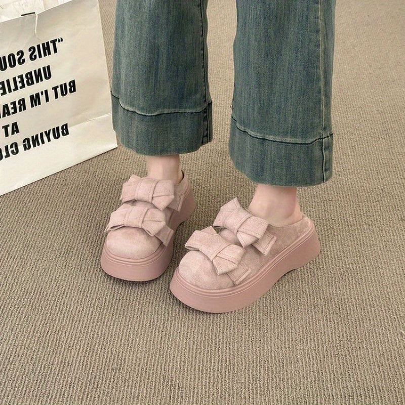 Women's Chunky Platform Mules with Bow Accent - Thick Platform Heel Wedge Sandals