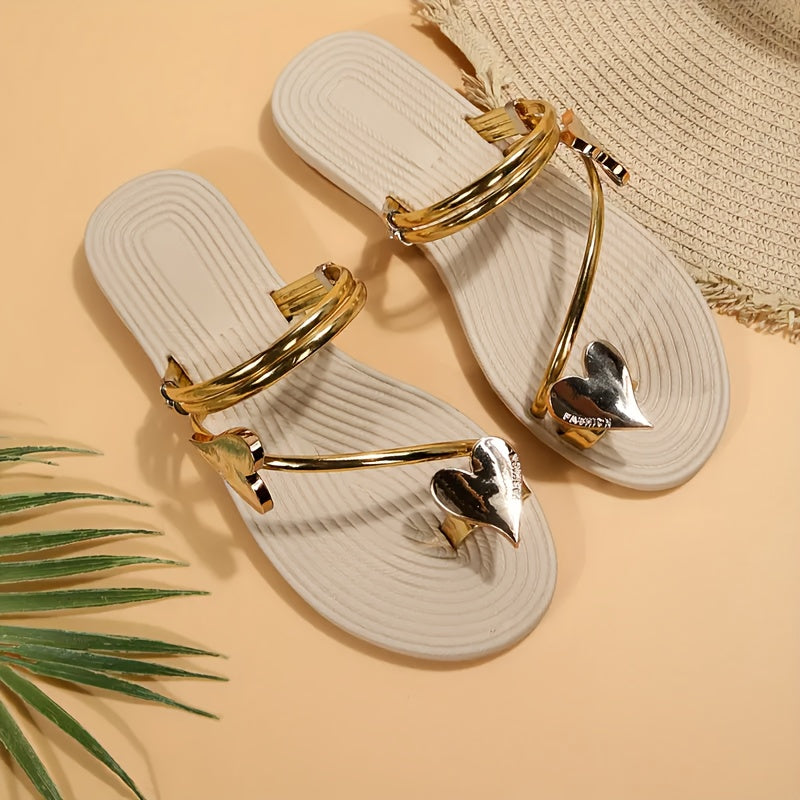Women's Elegant Heart Design Slip-On Flat Sandals - Open-Toe Summer Shoes with Metallic Accents, Synthetic Cover & Rubber Sole for Casual or Dressy Outfits, Beach Wear, Durable Comfort Footwear
