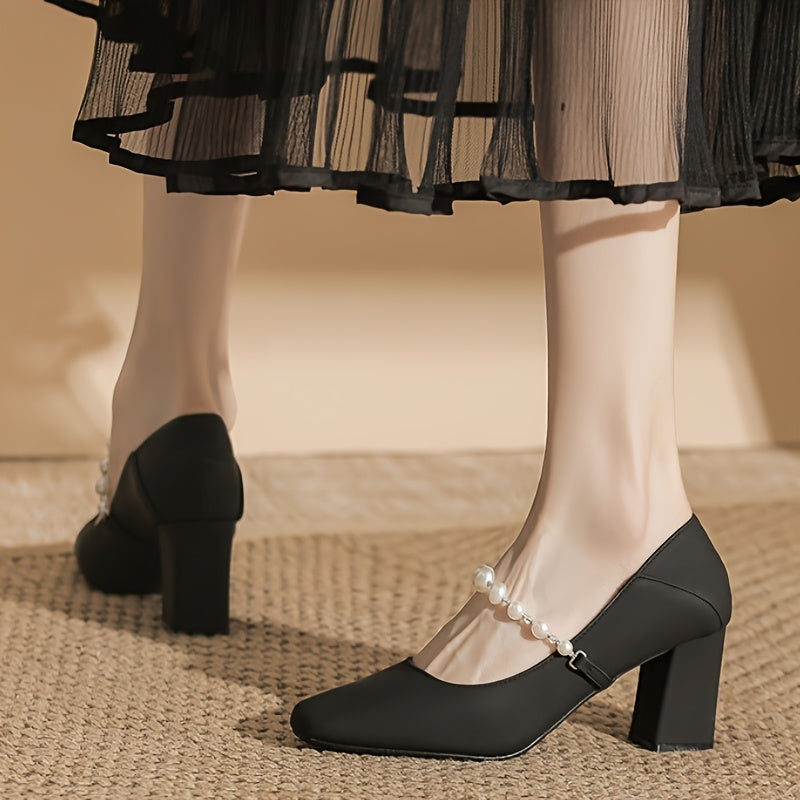 Women'S Square Toe Block Heel Pumps with Faux Pearl Ankle Strap - Elegant Black Synthetic Cover Dress Shoes, Comfortable Rubber Sole for Office & Formal Events, Versatile High Heel Design, Office Footwear, Polka Dot Pattern, Durable Footwear
