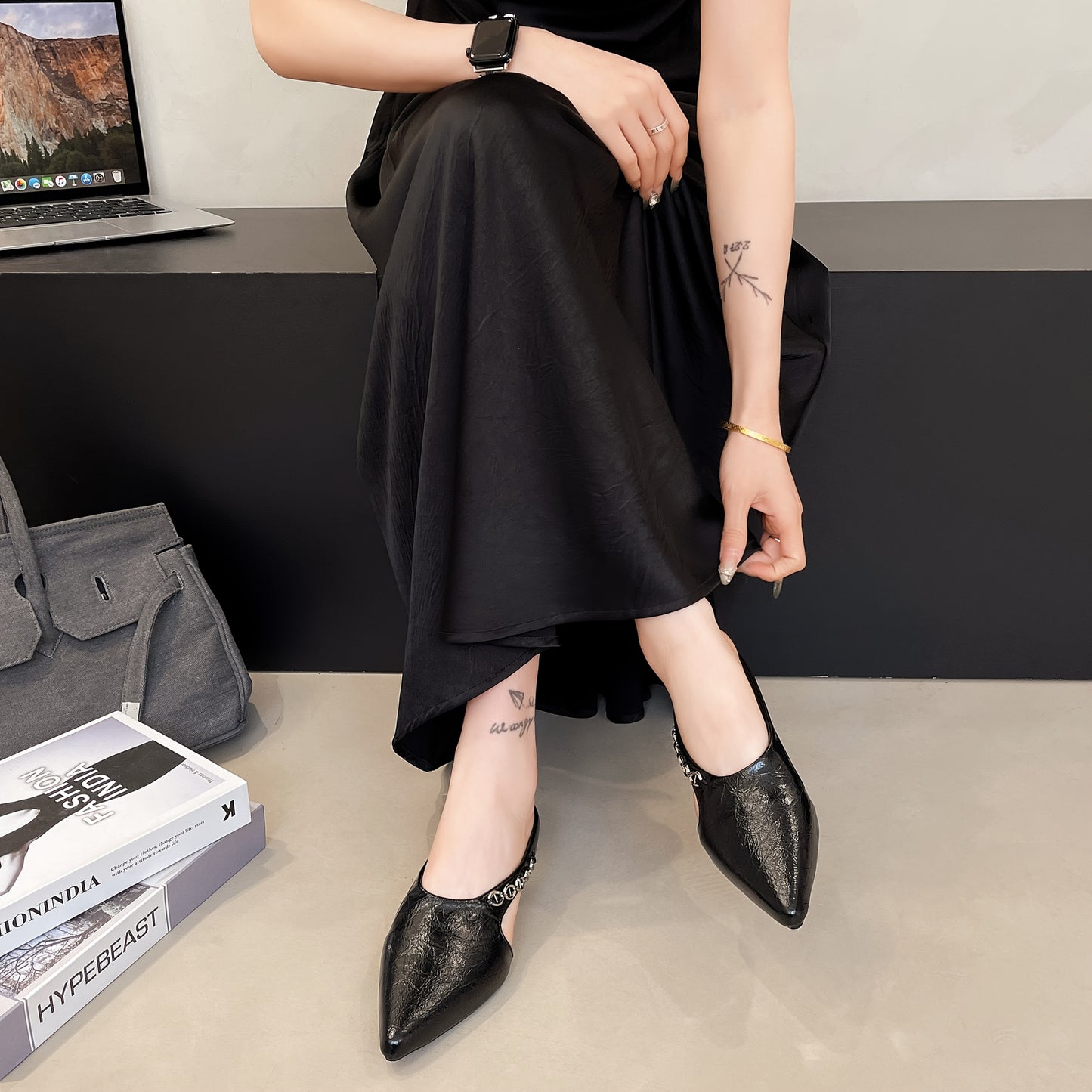 Women'S Black Pointed Toe Mules with Golden Buckle - Elegant PU Sandals for Summer