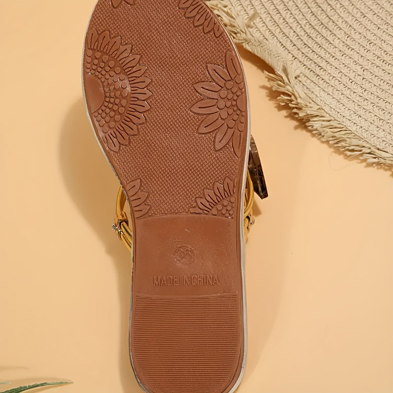 Women's Elegant Heart Design Slip-On Flat Sandals - Open-Toe Summer Shoes with Metallic Accents, Synthetic Cover & Rubber Sole for Casual or Dressy Outfits, Beach Wear, Durable Comfort Footwear