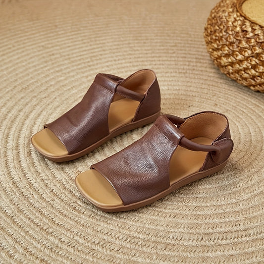 Comfortable Sandals Comfortable Brown PU Women's Summer Sandals | Open-Toe Flat Sandals with Adjustable Hook-and-Loop Strap, Soft Rubber Sole, Casual Strappy Sandals, Durable Footwear for All Seasons