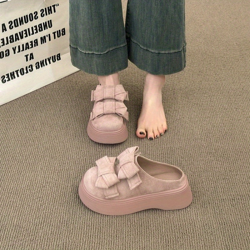 Women's Chunky Platform Mules with Bow Accent - Thick Platform Heel Wedge Sandals