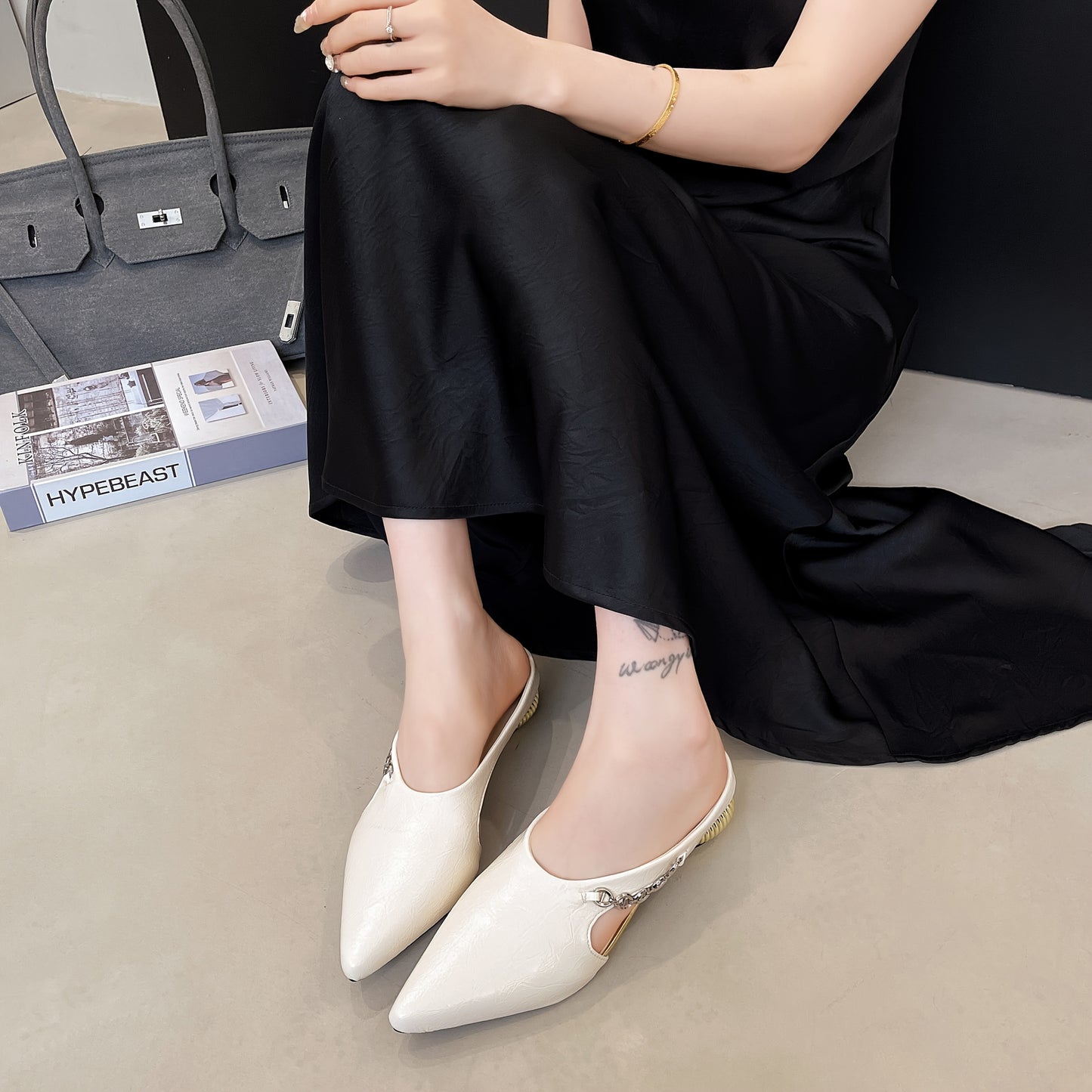 Women'S Black Pointed Toe Mules with Golden Buckle - Elegant PU Sandals for Summer