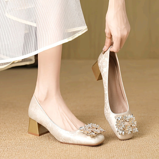 Huizhou-New Style Chinese National Style Fabric Chunky Heel Square Rhinestone Buckle Fashion Women's High Heels Versatile Wedding, Evening Gentle Shoes