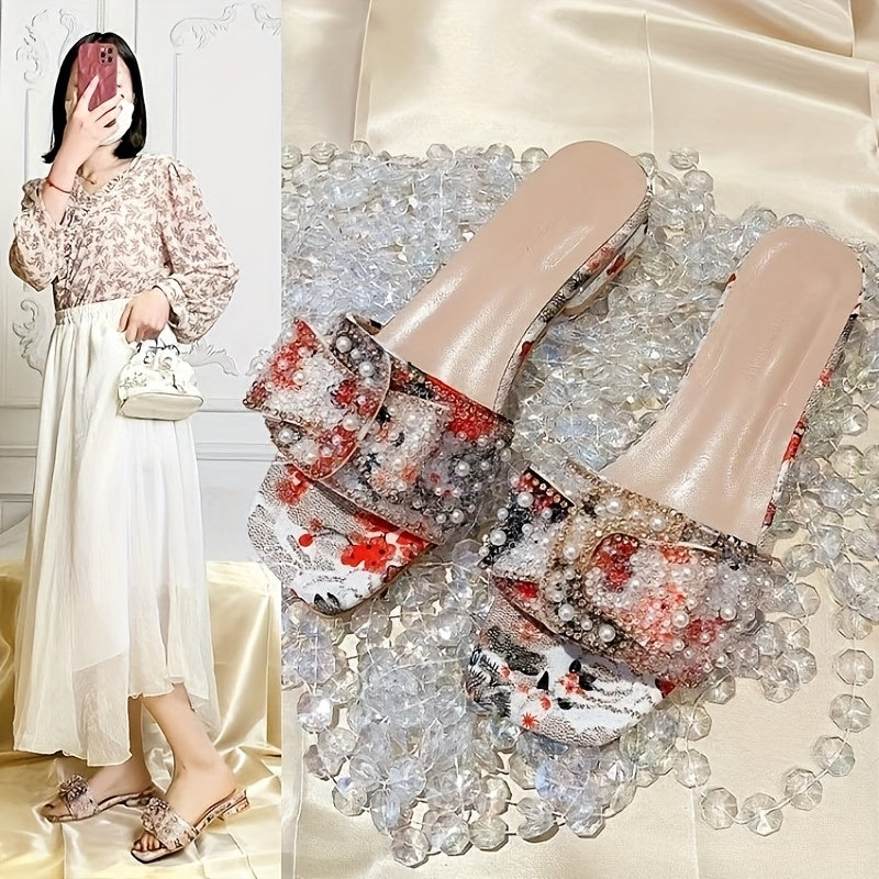 Elegant Rhinestone-Embellished Women's Flats - Comfortable Soft Sole, Slip-On Design with Square Toe, Low Heel, TPU Upper & Rubber Sole, Perfect for All Seasons, Dressy Sandals | Elegant Slipon Loafers | Durable Comfort, Cute Shoes