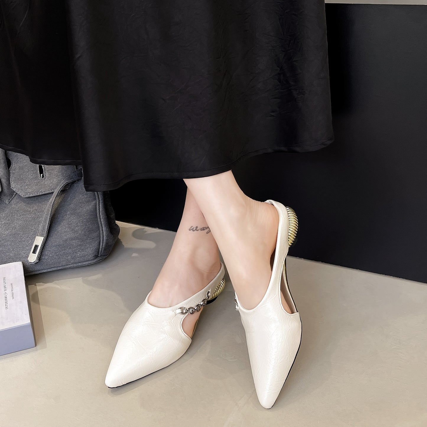 Women'S Black Pointed Toe Mules with Golden Buckle - Elegant PU Sandals for Summer